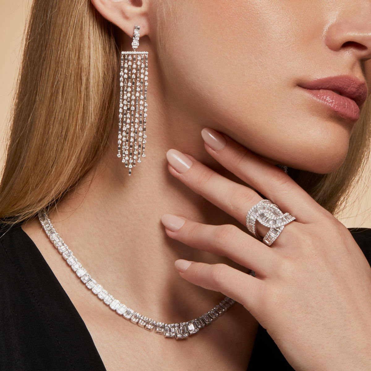 14KT White Gold Baguette Diamond Astrid Drop Earrings-Anne Sisteron