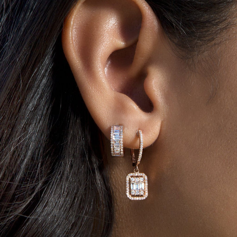 14KT Rose Gold Baguette Diamond Elle Huggie Earrings-Anne Sisteron