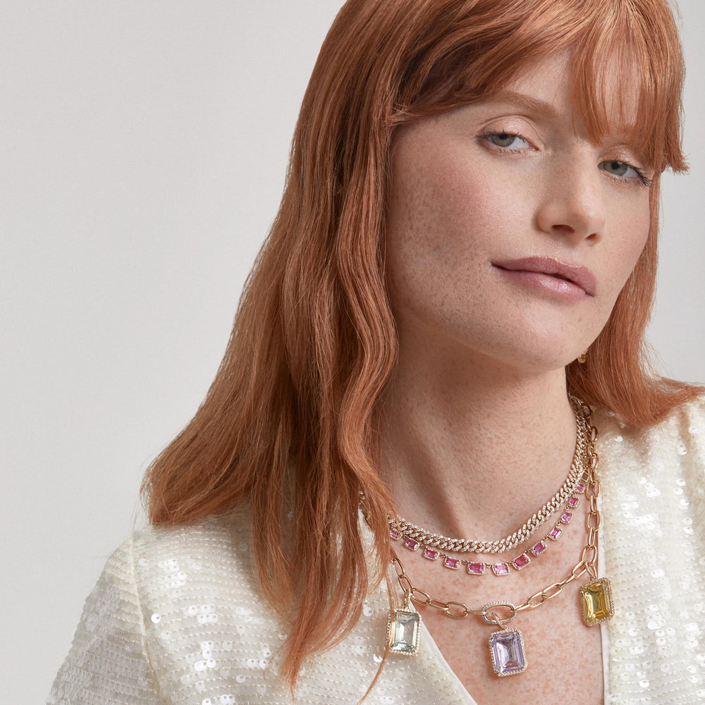 Model wearing 18KT Yellow Gold Diamond Lemon Quartz Luxe Jolly Charm Pendant with Diamond Clip on Bail