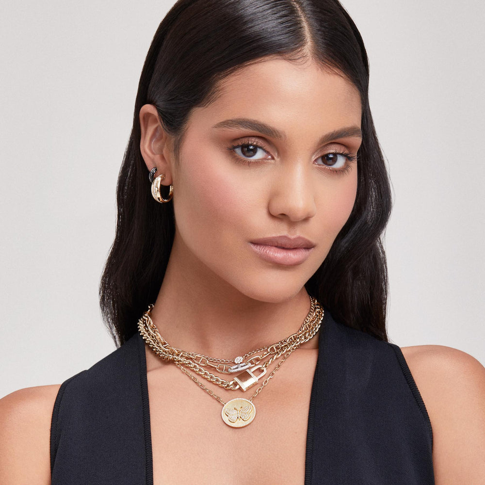 Model wearing 14KT Yellow Gold Diamond Madison Hoop Earrings