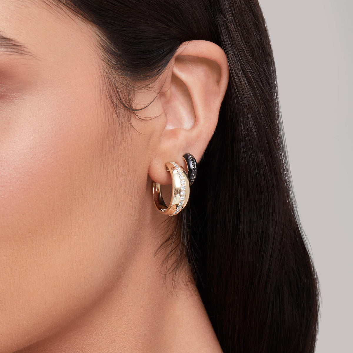 Model wearing 14KT Yellow Gold Diamond Madison Hoop Earrings