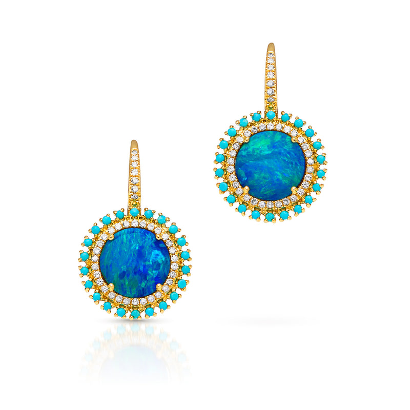 14KT Yellow Gold Opal Turquoise Diamond Round Kai Earrings