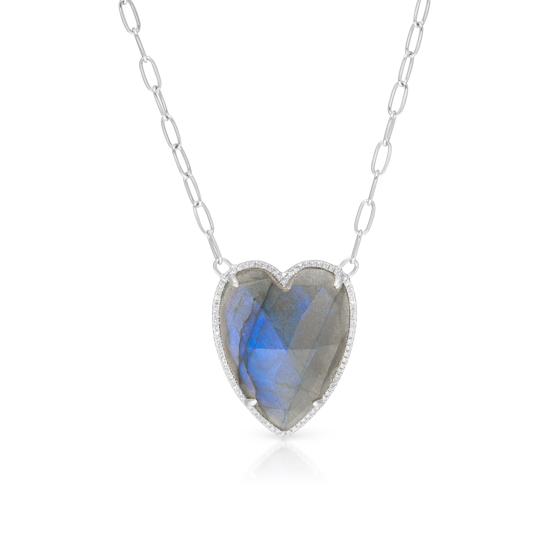 14KT White Gold Labradorite Diamond Heart Chain Link Necklace