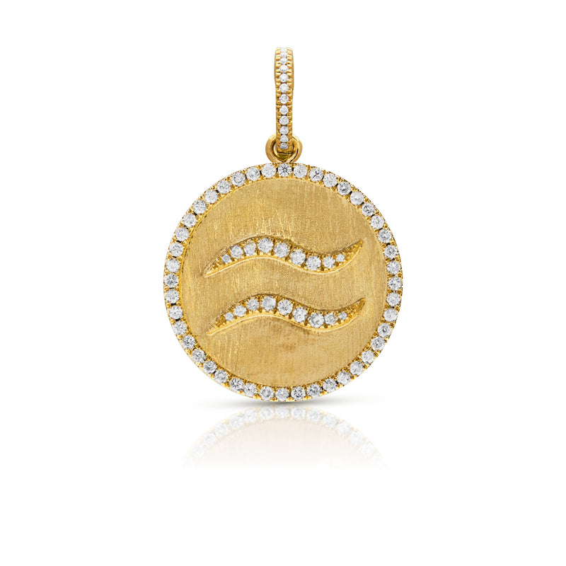 14KT Yellow Gold Diamond Zodiac Aquarius Medallion Charm with Diamond Clip on Bail