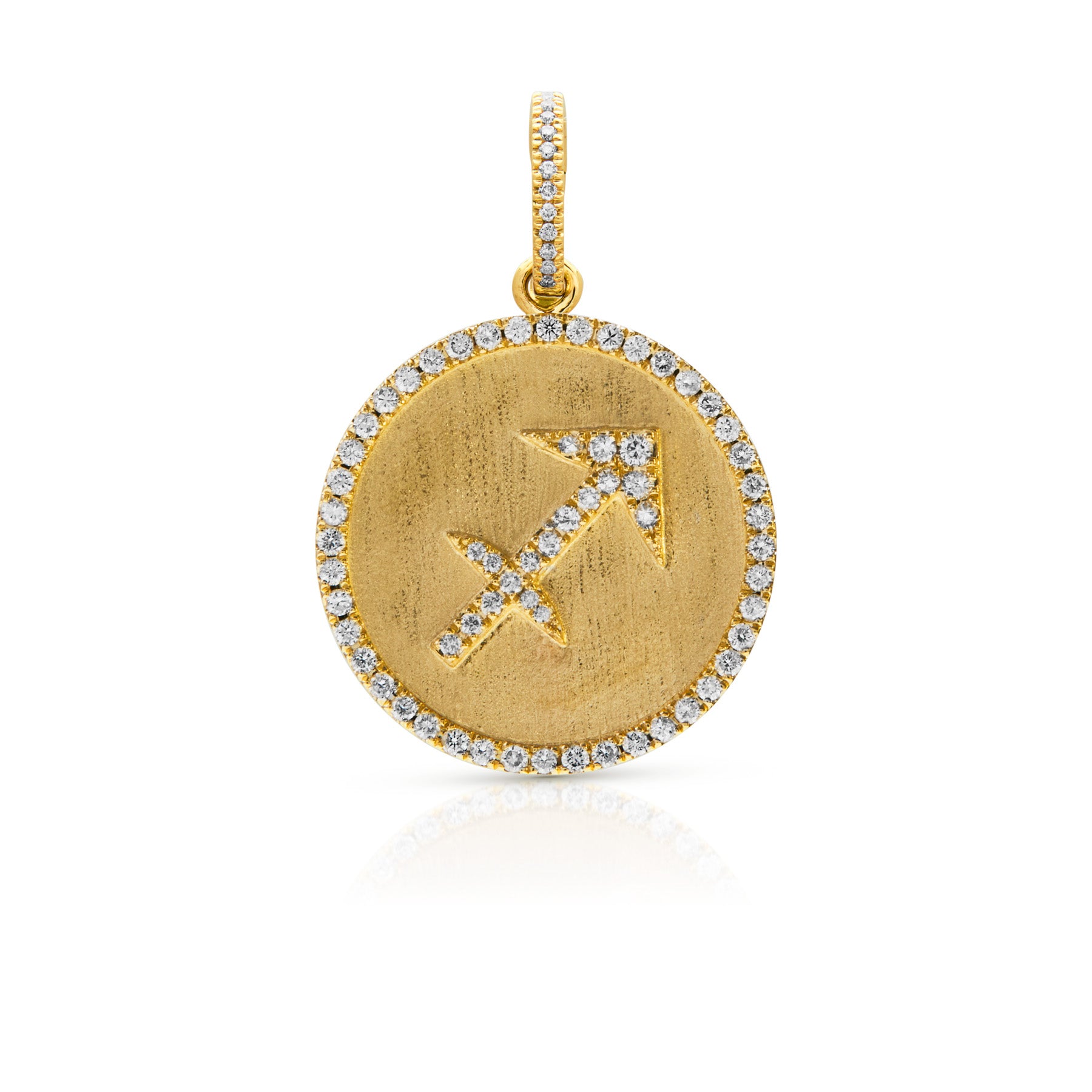 14KT Yellow Gold Diamond Zodiac Sagittarius Medallion Charm with Diamond Clip on Bail