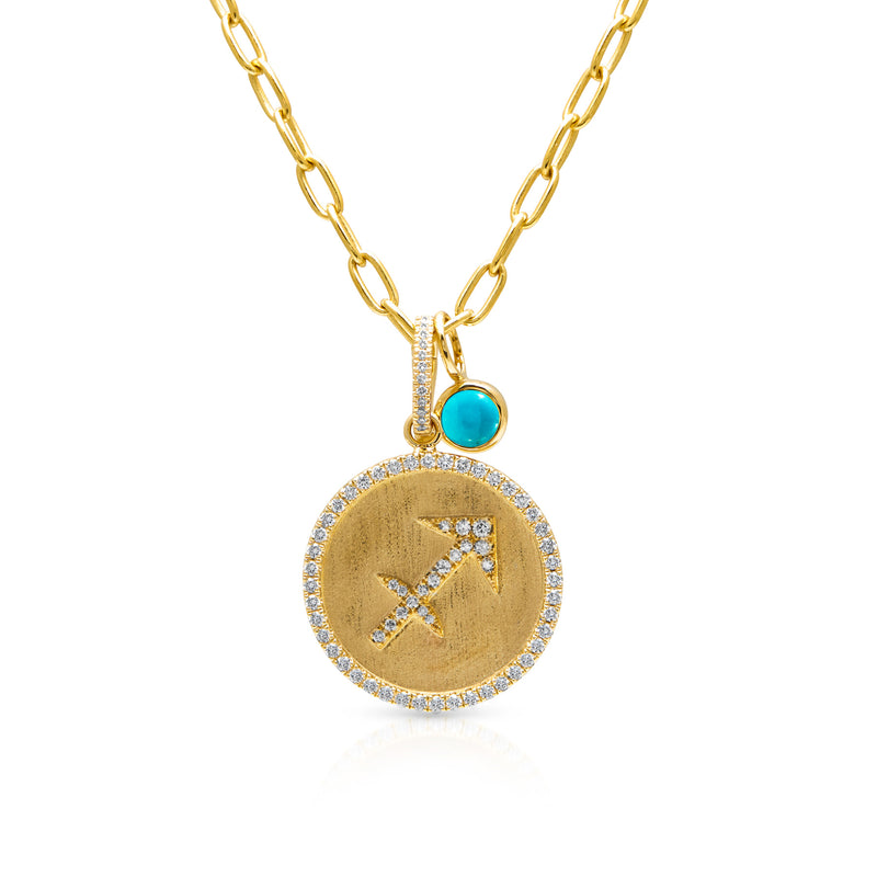 14KT Yellow Gold Diamond Zodiac Sagittarius Medallion Charm with Diamond Clip on Bail