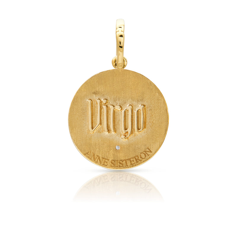 14KT Yellow Gold Diamond Zodiac Virgo Medallion Charm with Diamond Clip on Bail