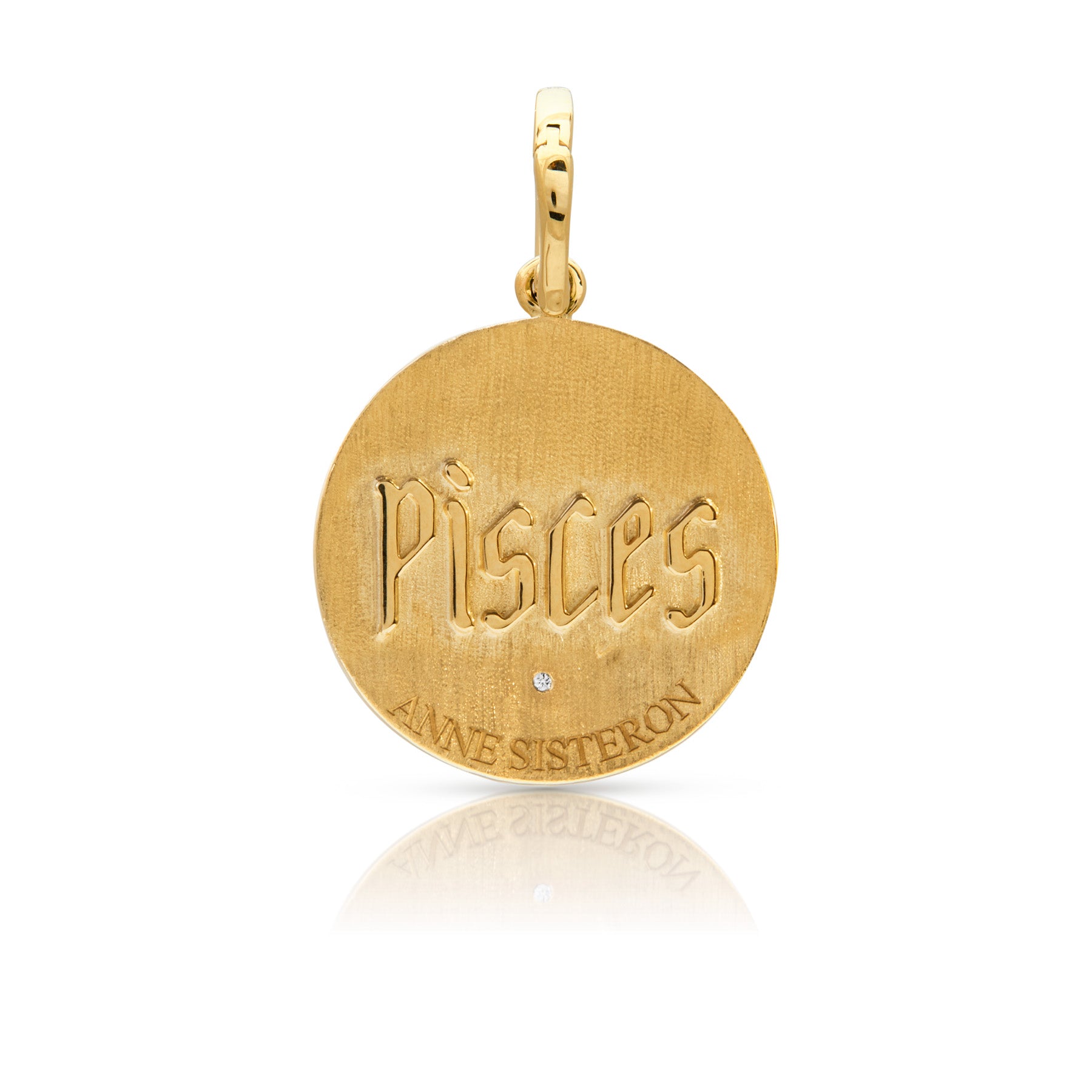 14KT Yellow Gold Diamond Zodiac Pisces Medallion Charm with Diamond Clip on Bail