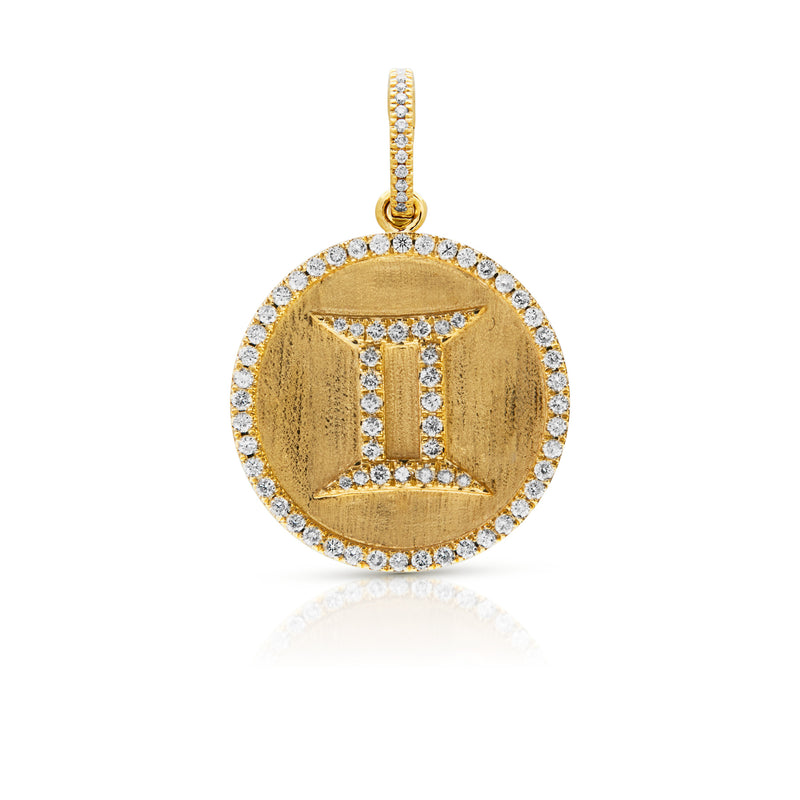 14KT Yellow Gold Diamond Zodiac Gemini Medallion Charm with Diamond Clip on Bail
