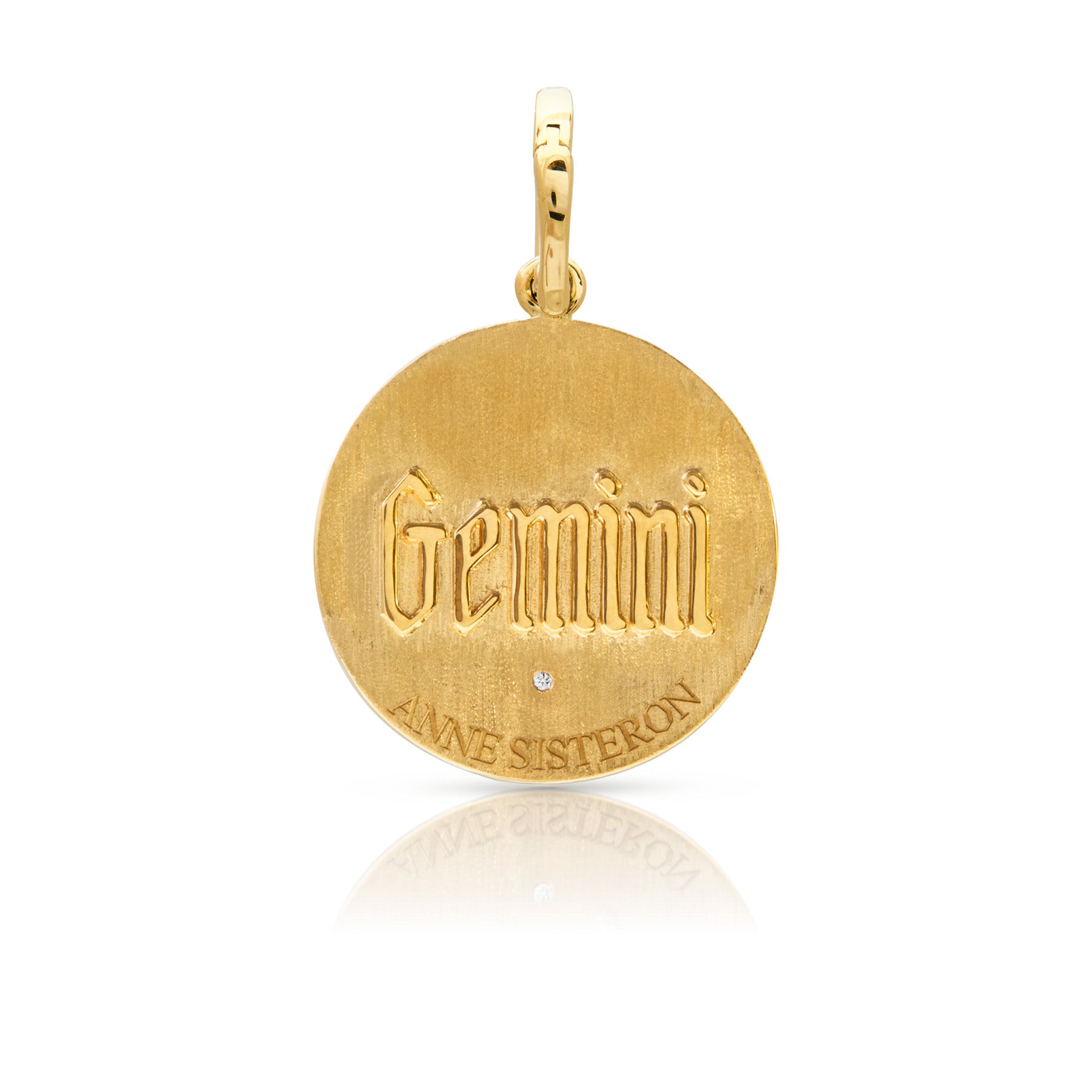 14KT Yellow Gold Diamond Zodiac Gemini Medallion Charm with Diamond Clip on Bail
