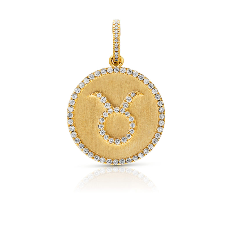 14KT Yellow Gold Diamond Zodiac Taurus Medallion Charm with Diamond Clip on Bail