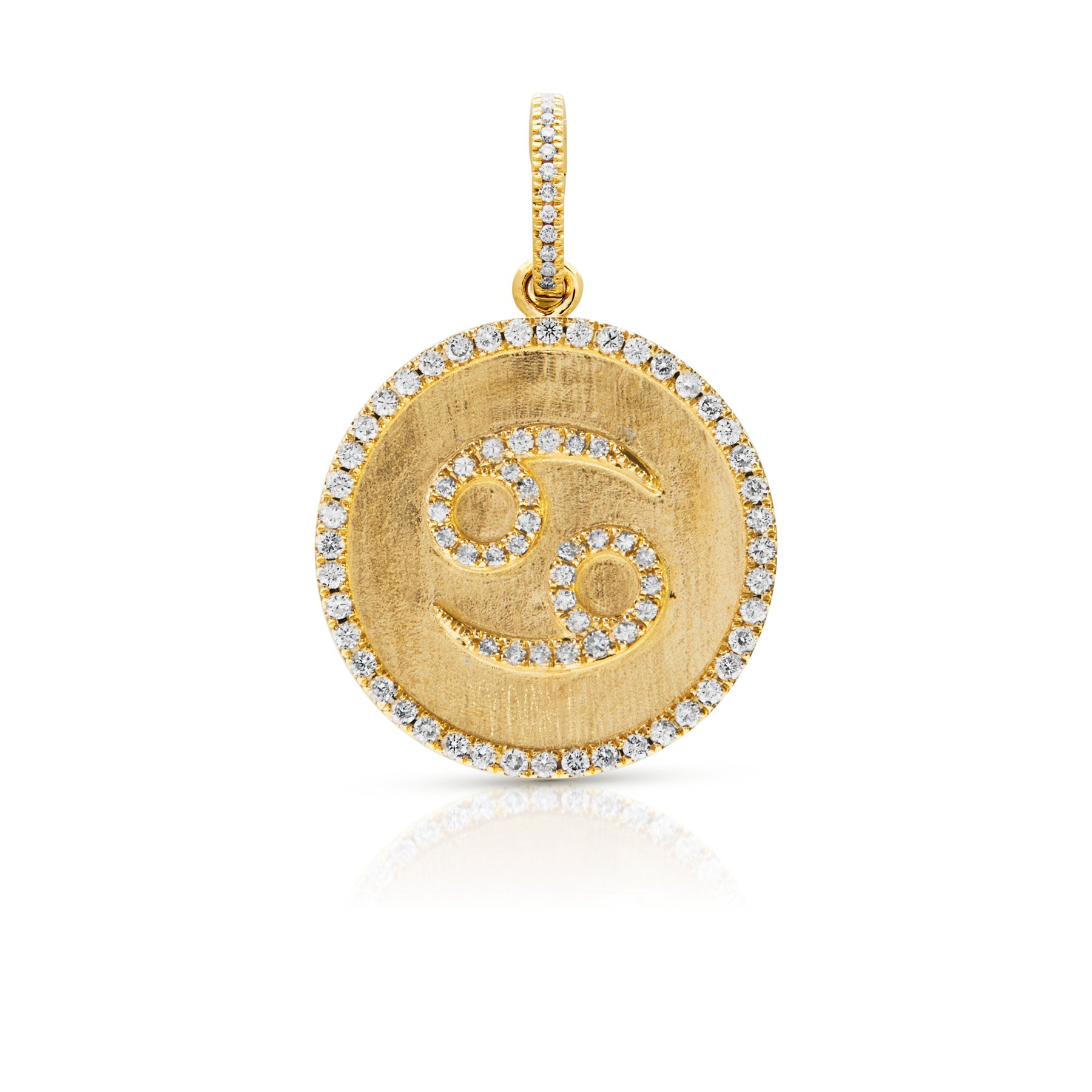 14KT Yellow Gold Diamond Zodiac Cancer Medallion Charm with Diamond Clip on Bail