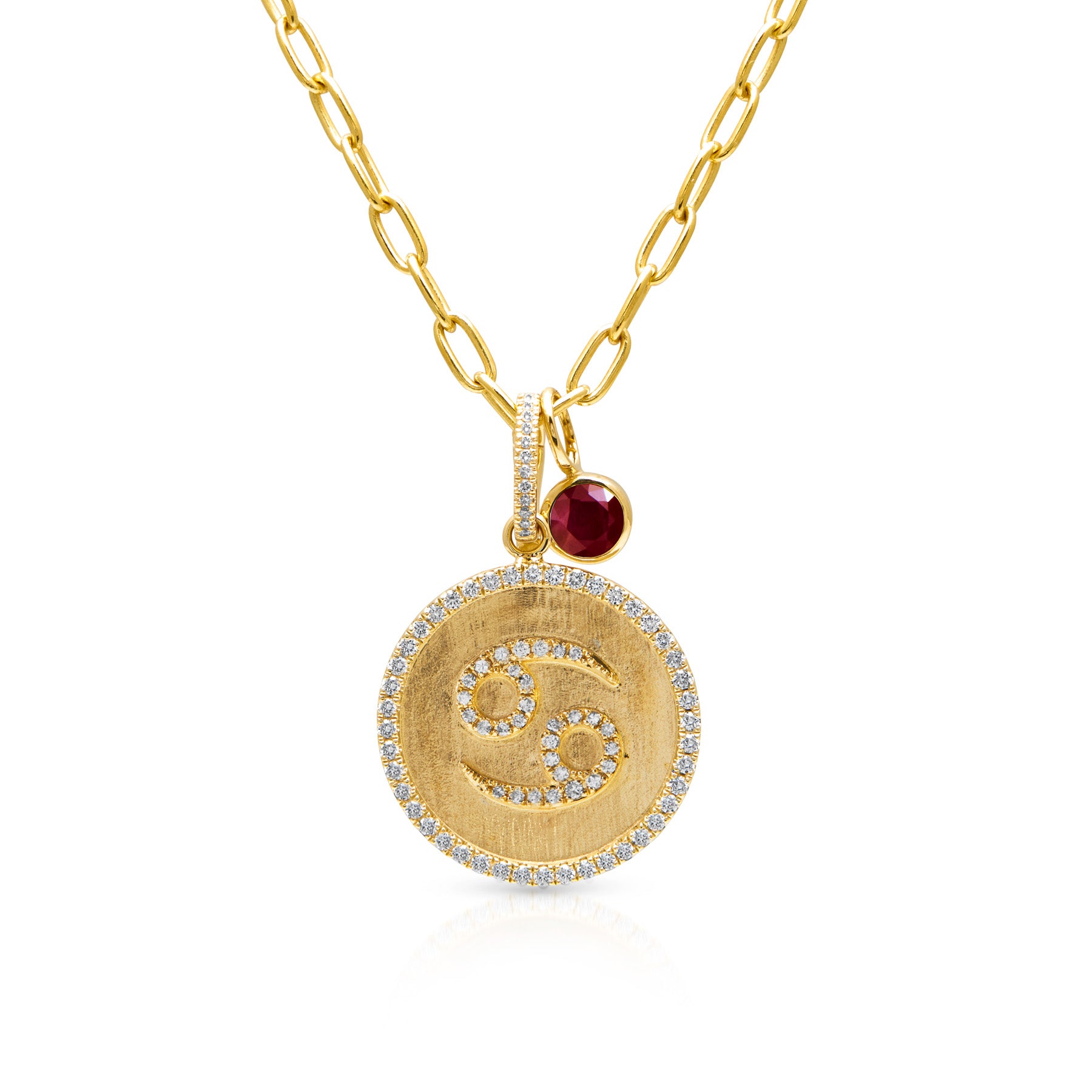 14KT Yellow Gold Diamond Zodiac Cancer Medallion Charm with Diamond Clip on Bail