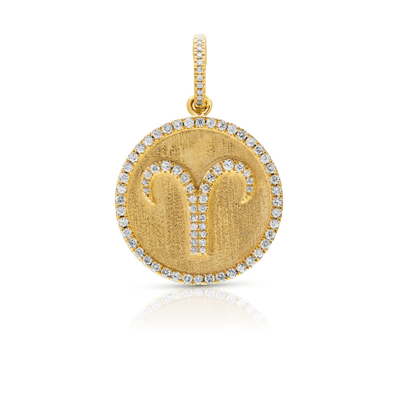 14KT Yellow Gold Diamond Zodiac Aries Medallion Charm with Diamond Clip on Bail