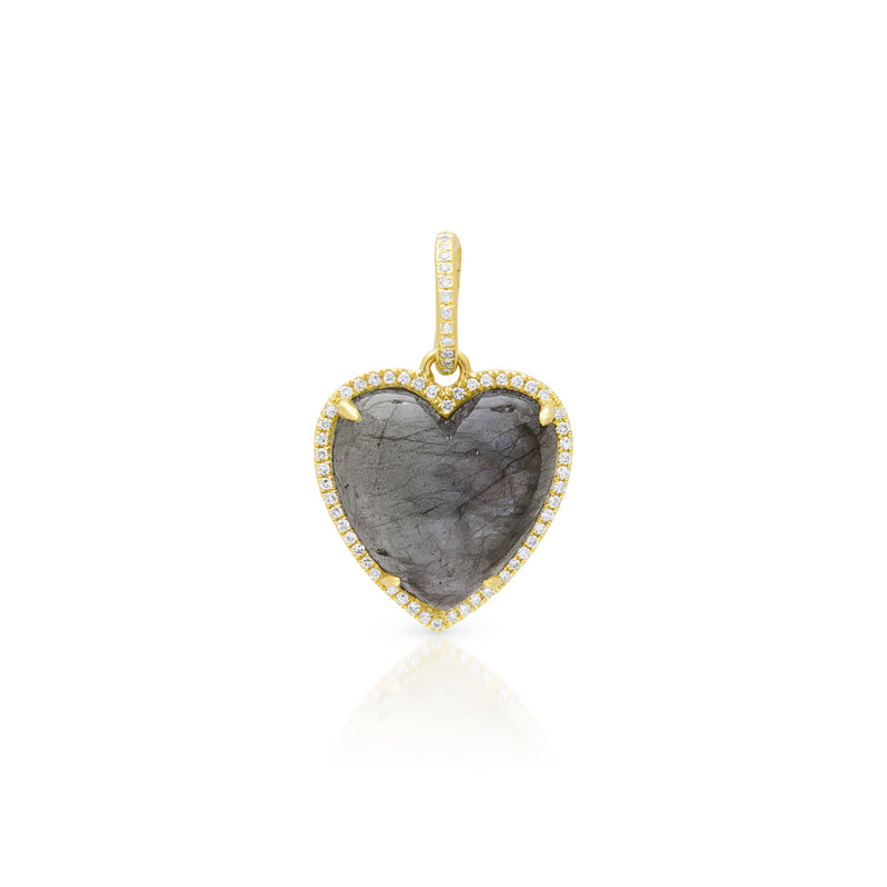 14KT Yellow Gold Labradorite Diamond Heart Charm Pendant with Diamond Clip on Bail