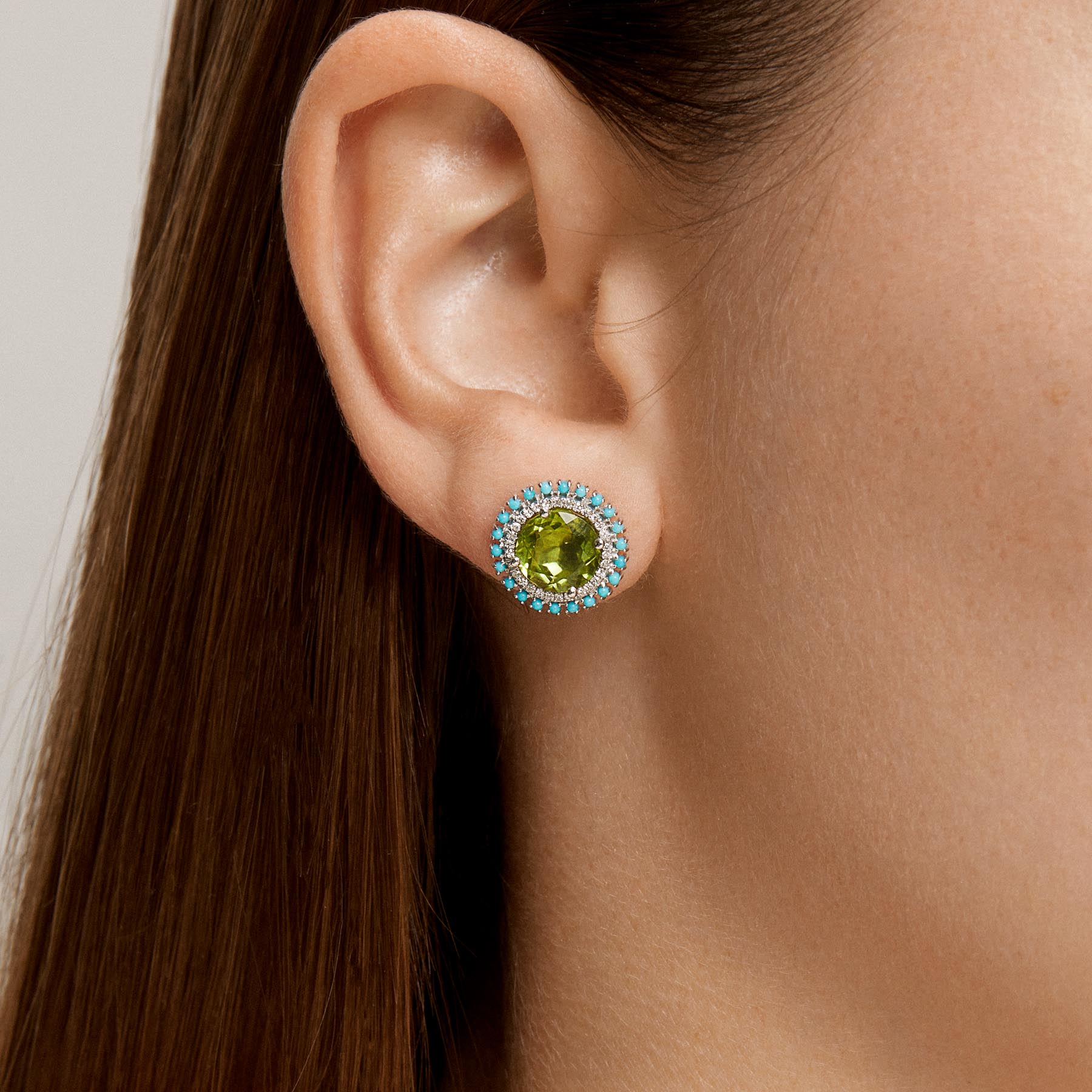 14KT Yellow Gold Peridot Turquoise Diamond Kai Stud Earrings
