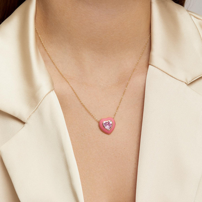 14KT Yellow Gold Pink Topaz Pink Enamel Heart Necklace