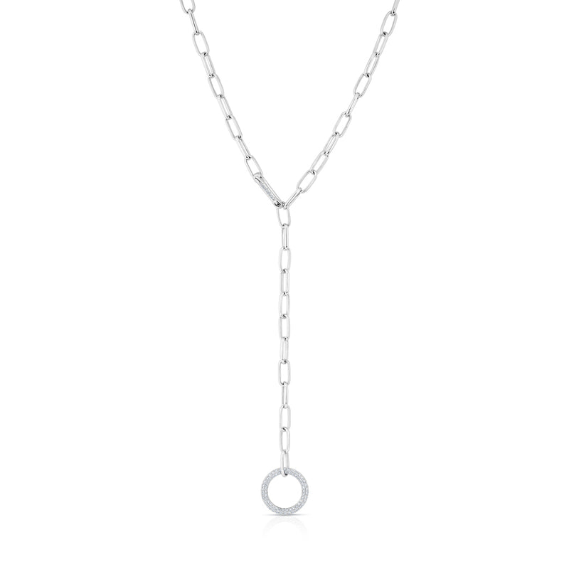 14KT White Gold Diamond Open Circle Chain Link Lariat Necklace