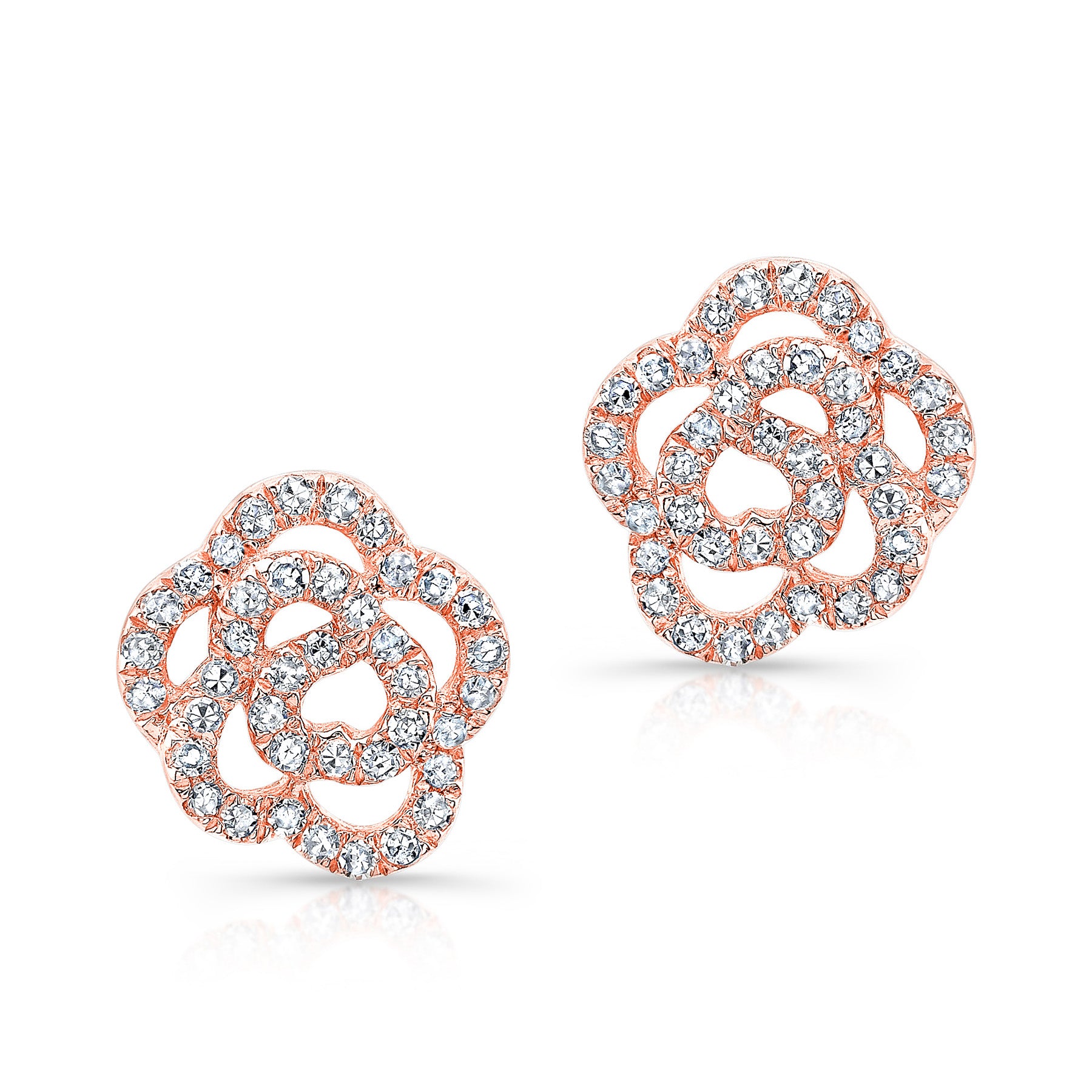 14KT Rose Gold Diamond Camellia Flower Stud Earrings