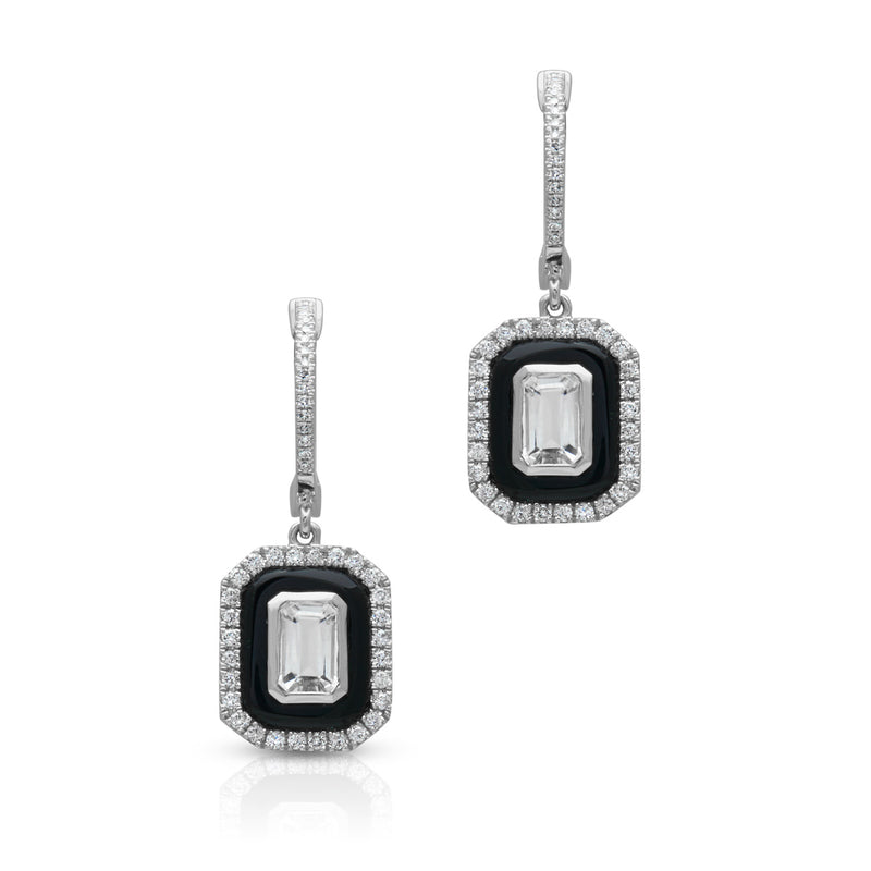 14KT White Gold Onyx White Topaz Diamond Earrings