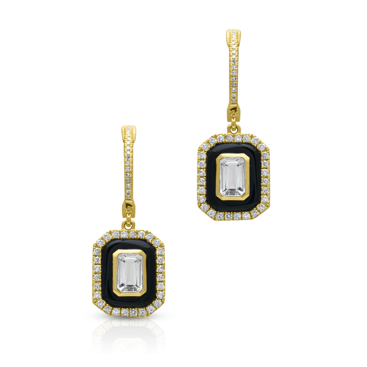 14KT Yellow Gold Onyx White Topaz Diamond Earrings