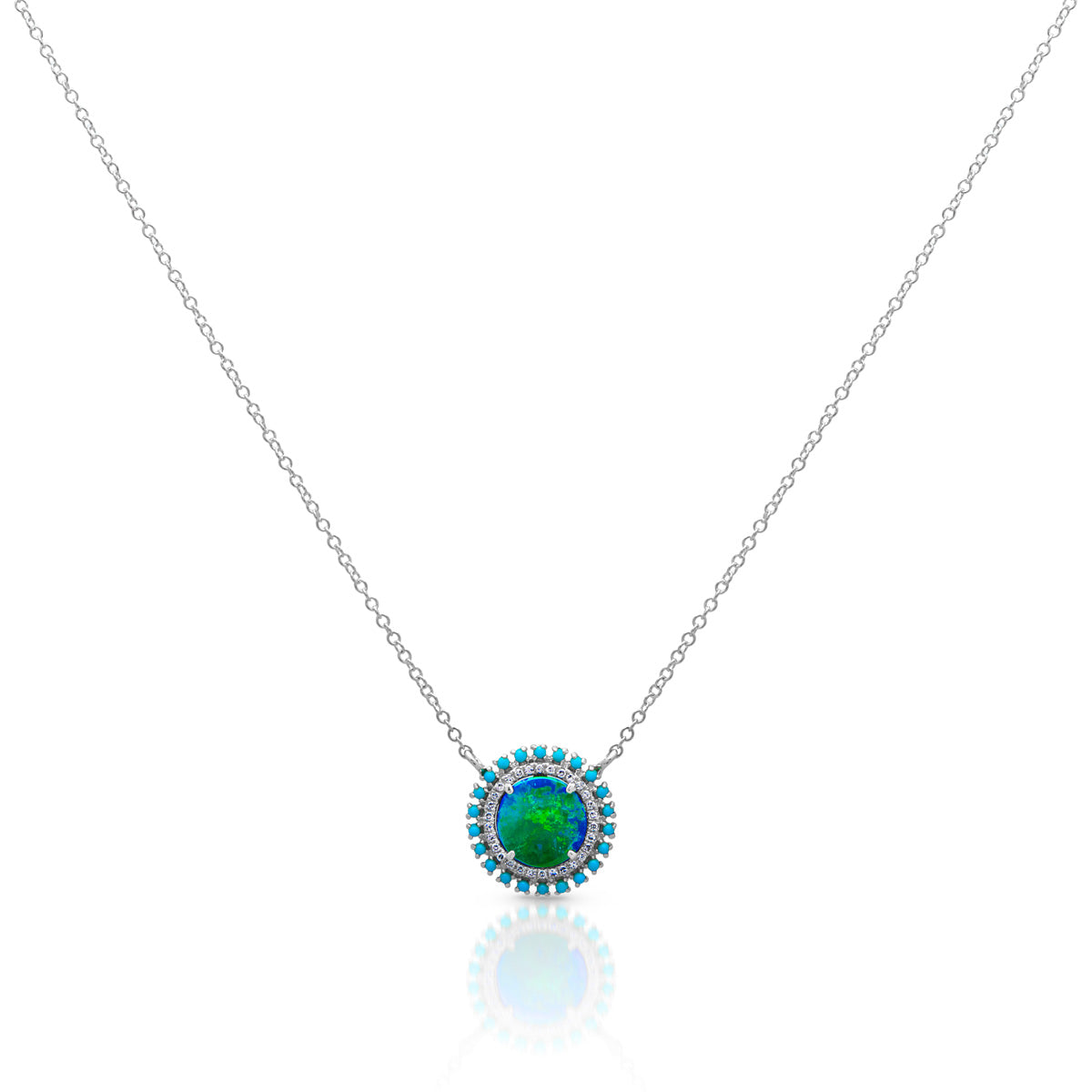 14KT White Gold Opal Turquoise Diamond Round Kai Necklace