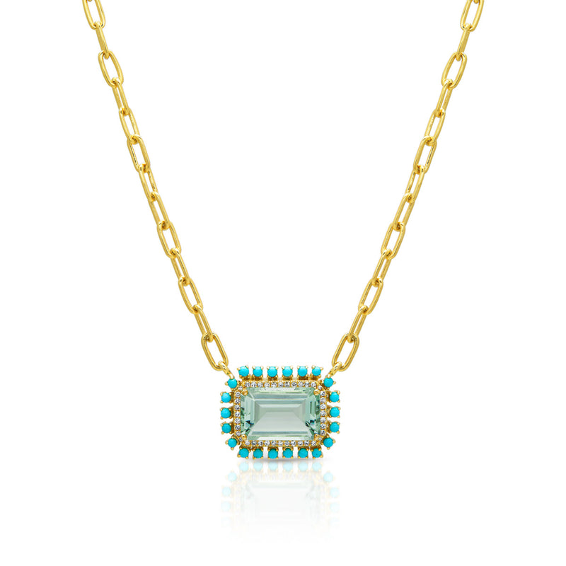 18KT Yellow Gold Green Amethyst Turquoise Diamond Portofino Chain Link Necklace