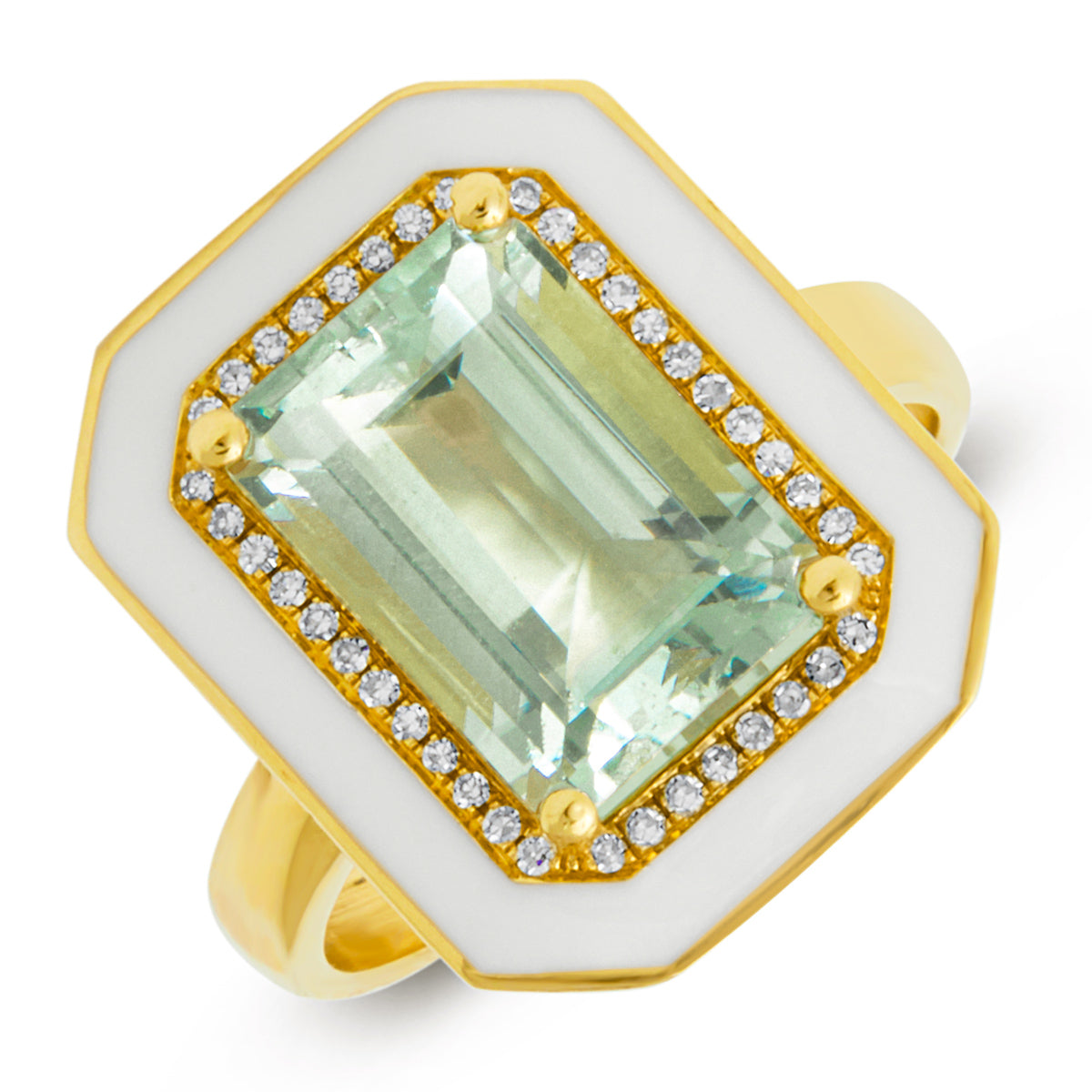 14KT Yellow Gold Green Amethyst Enamel Diamond Deco Ring
