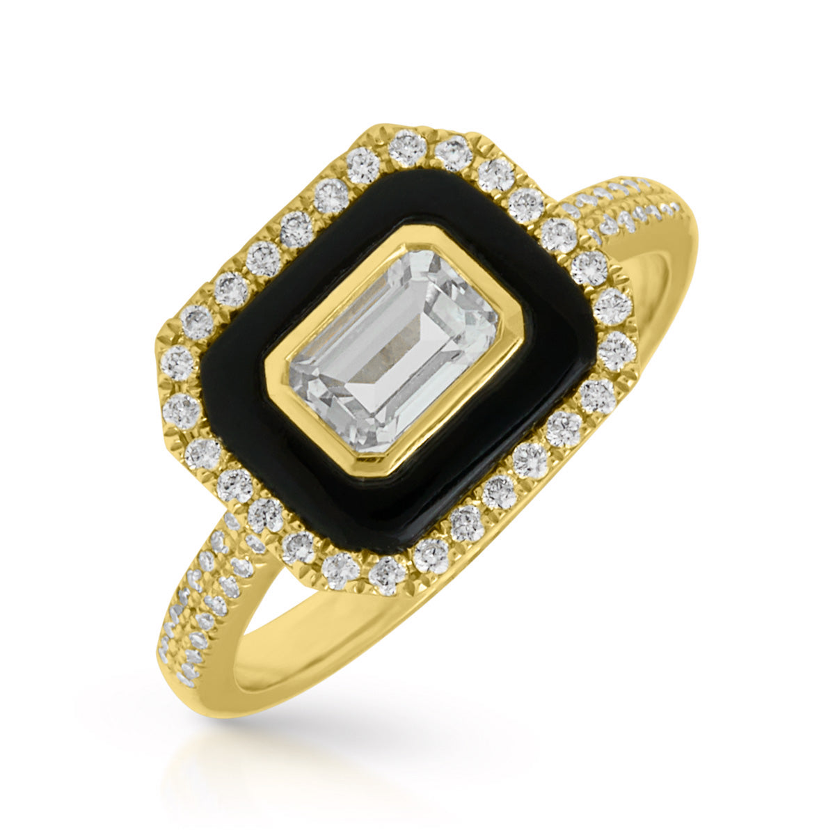 14KT Yellow Gold Onyx White Topaz Diamond Ring