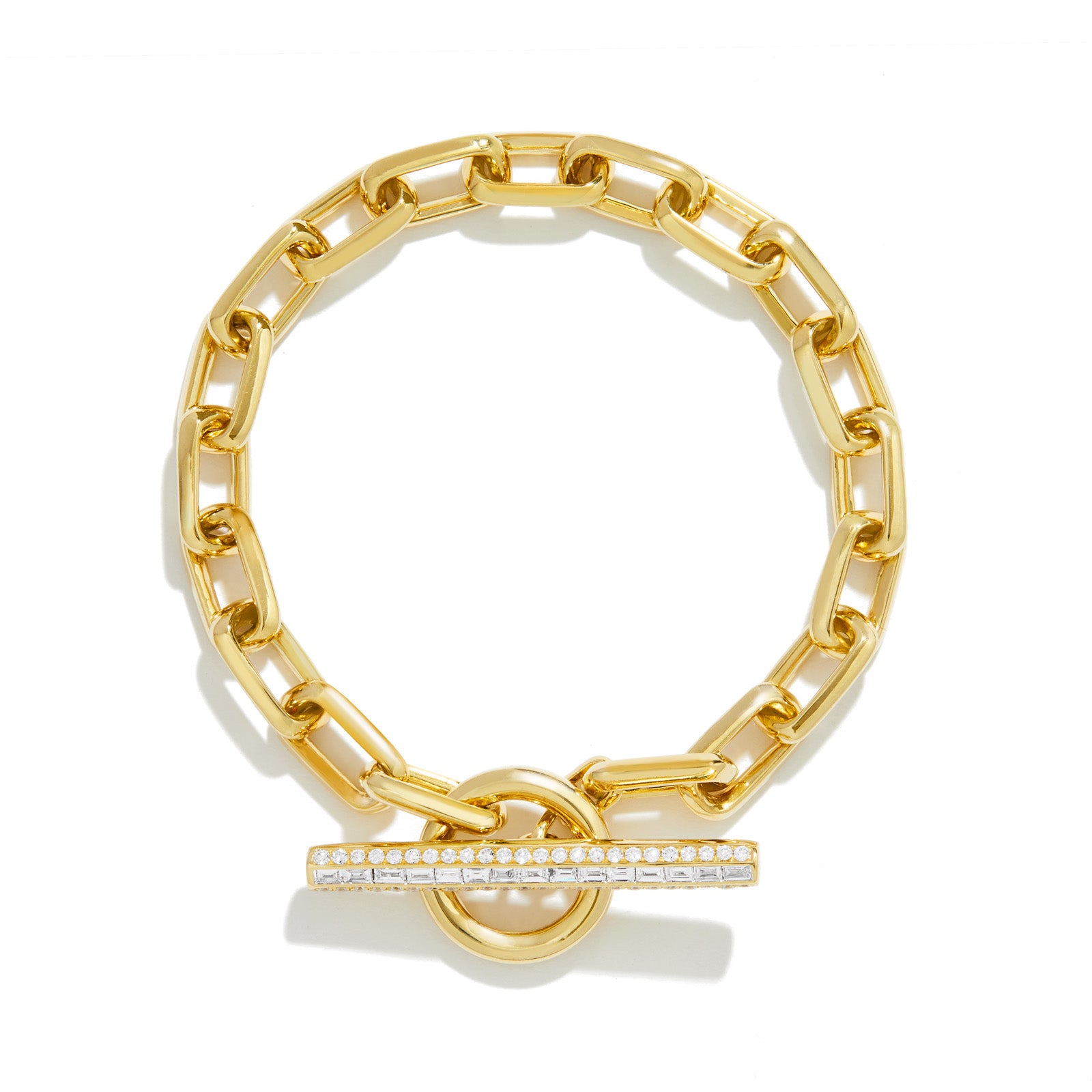 14KT Yellow Gold Baguette Diamond Chain Link Toggle Bracelet