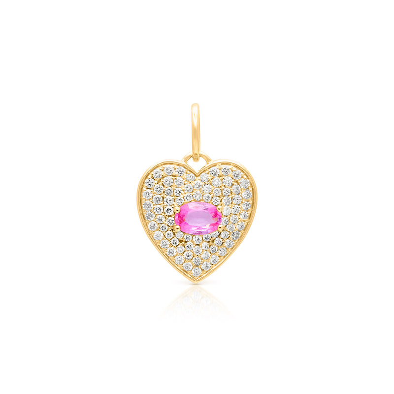 14KT Yellow Gold Pink Sapphire Diamond Heart Charm Pendant