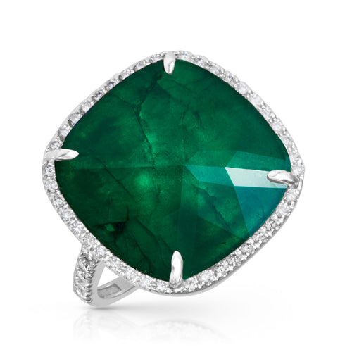 14KT White Gold Diamond Emerald Triplet Cushion Cut Cocktail Ring