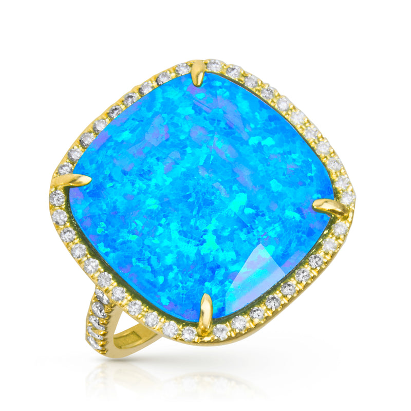 14KT Yellow Gold Diamond Opal Doublet Cushion Cut Cocktail Ring