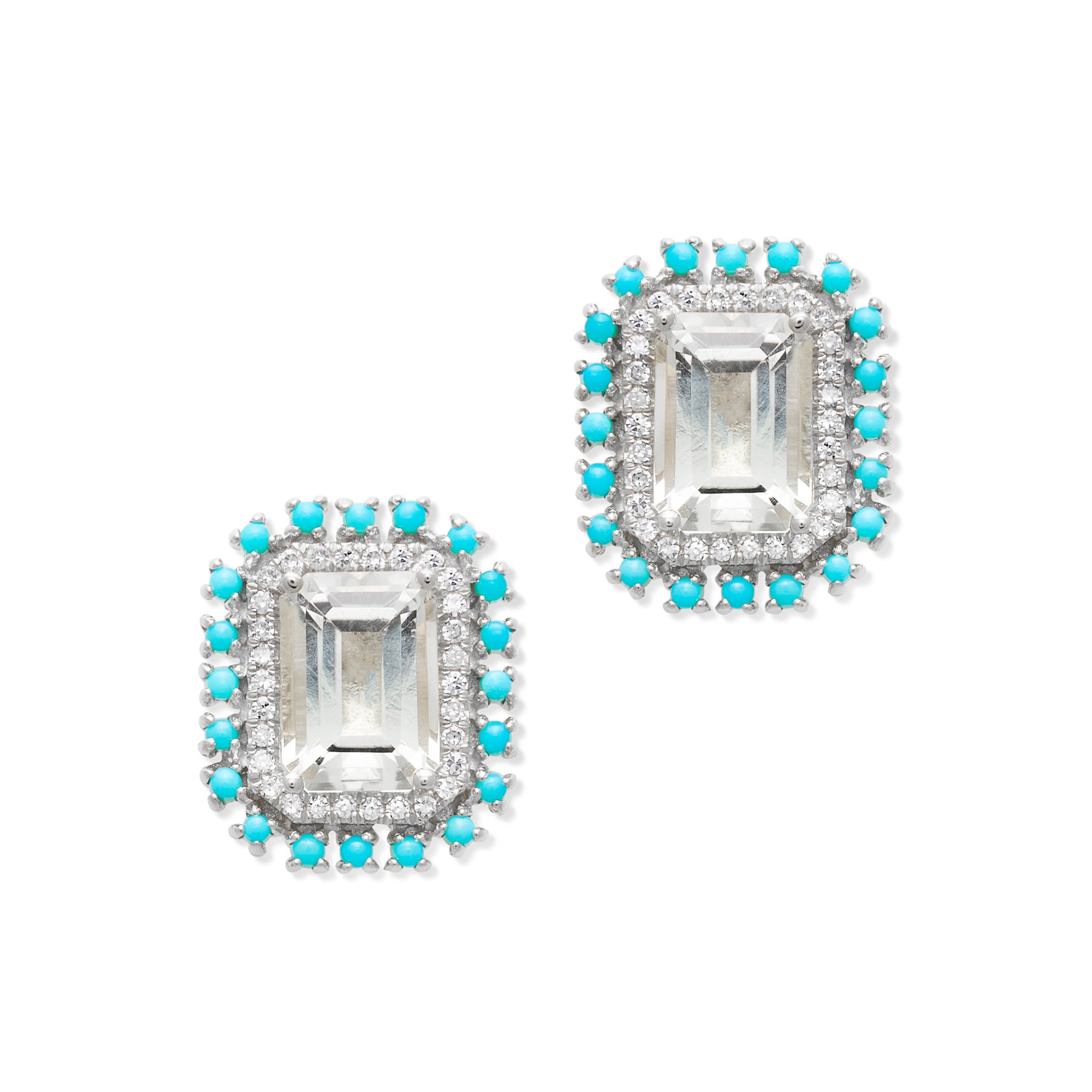 14KT White Gold Topaz Turquoise Diamond Monaco Stud Earrings