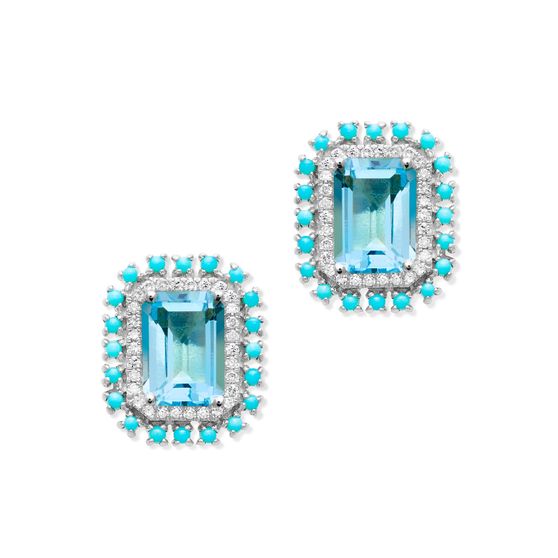 14KT White Gold Blue Topaz Turquoise Diamond Monaco Stud Earrings
