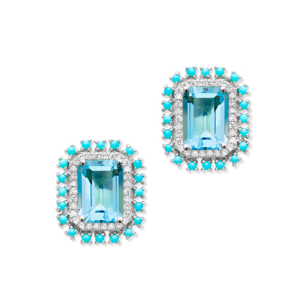 14KT White Gold Blue Topaz Turquoise Diamond Monaco Stud Earrings ...