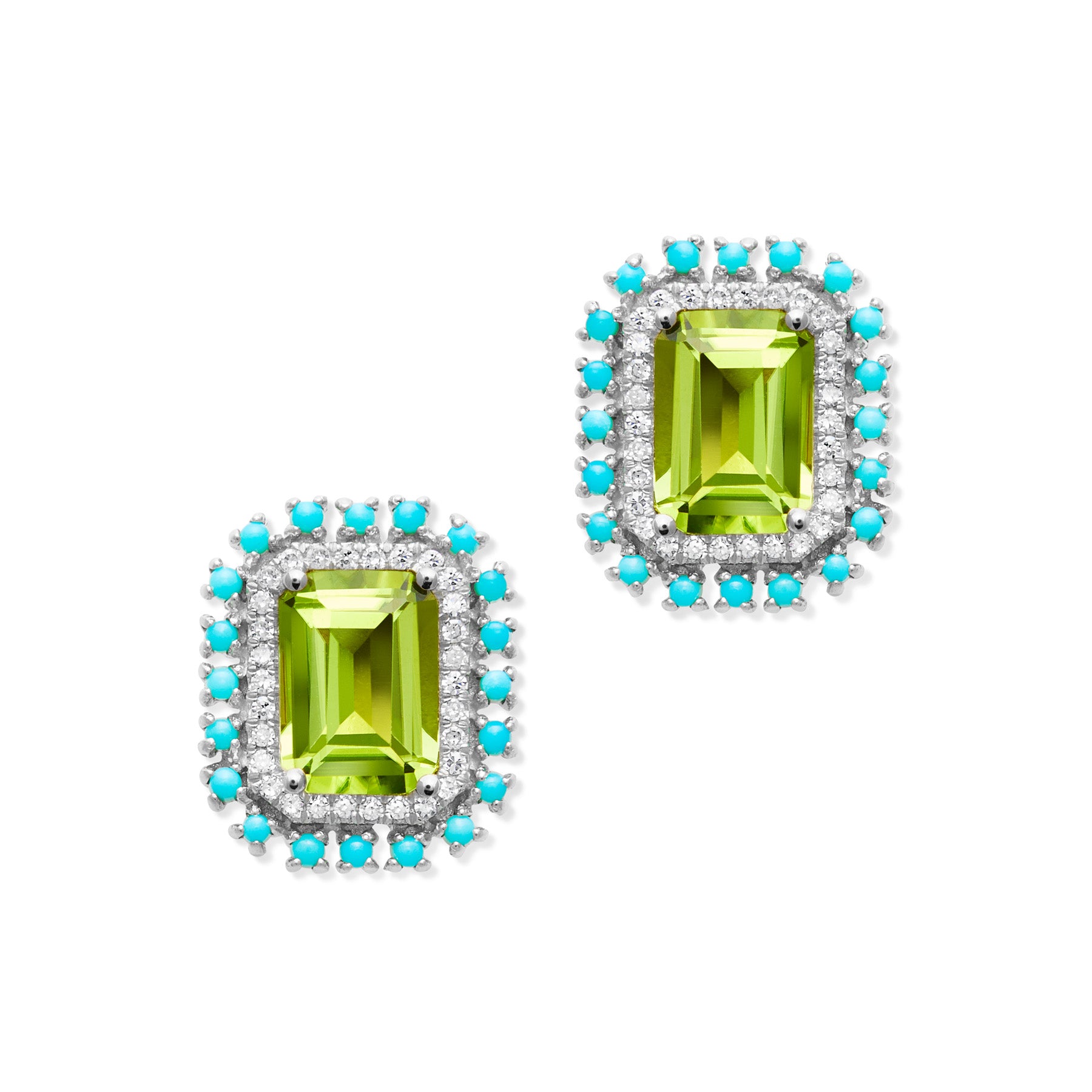 14KT White Gold Peridot Turquoise Diamond Monaco Stud Earrings