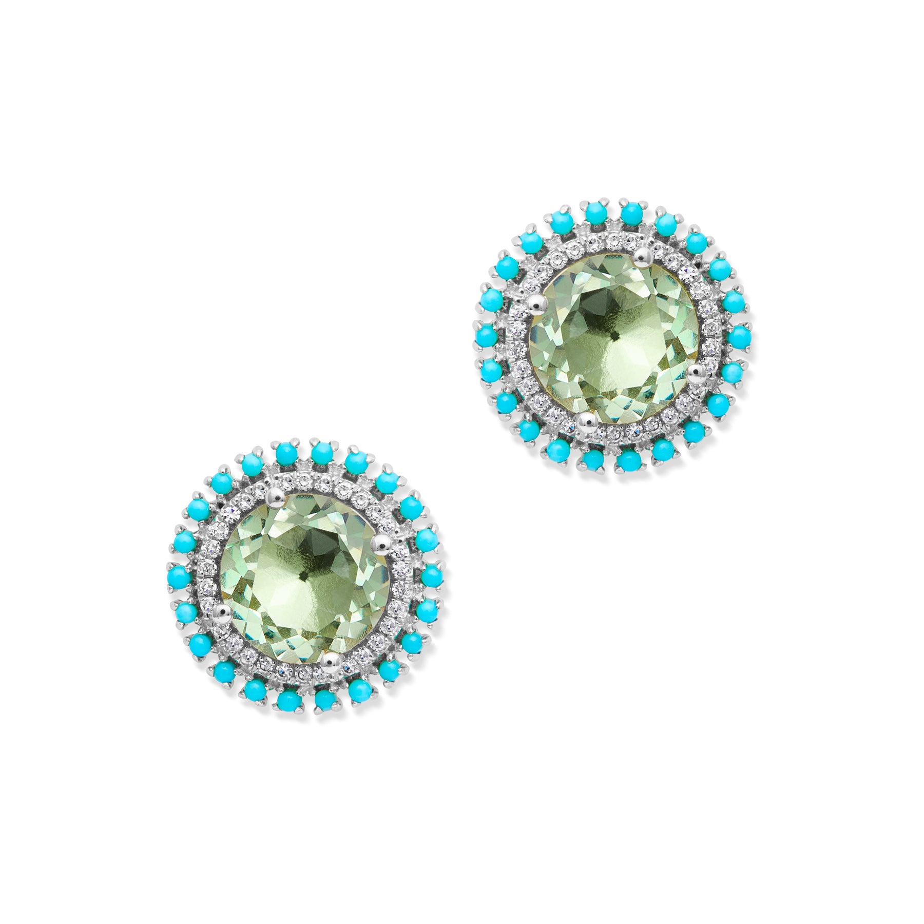 14KT White Gold Green Amethyst Turquoise Diamond Kai Stud Earrings