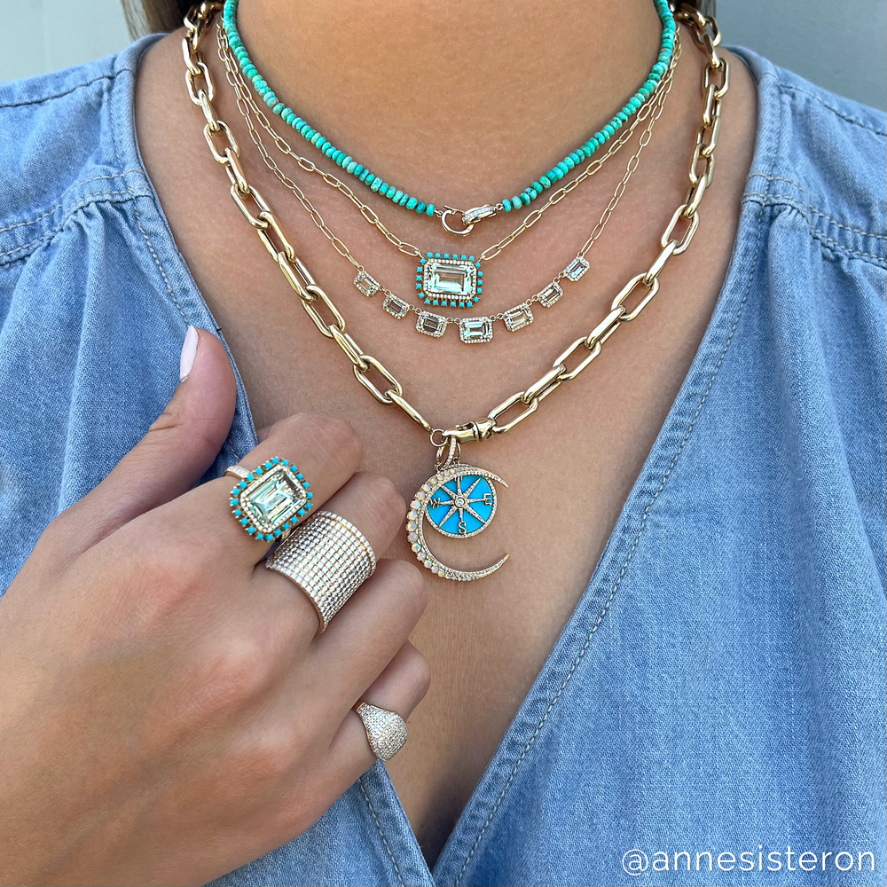 Model wearing 14KT Yellow Gold Opal Diamond Lunar Charm Pendant with Diamond Clip on Bail