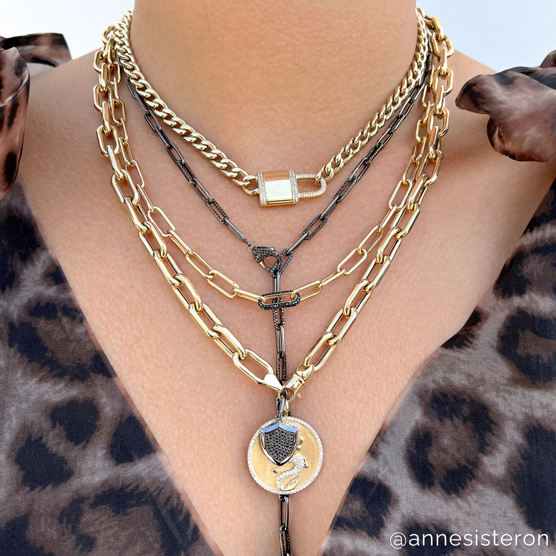 14KT Yellow Gold Black Diamond Chain Link Bianco Necklace