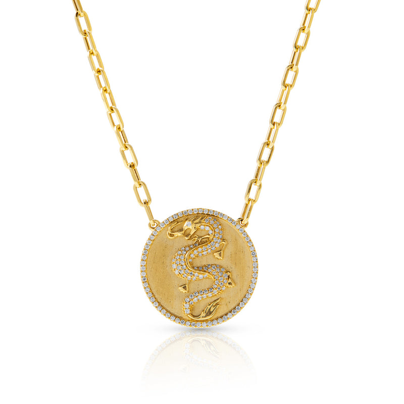 14KT Yellow Gold Diamond Dragon Medallion Charm Chain Link Necklace