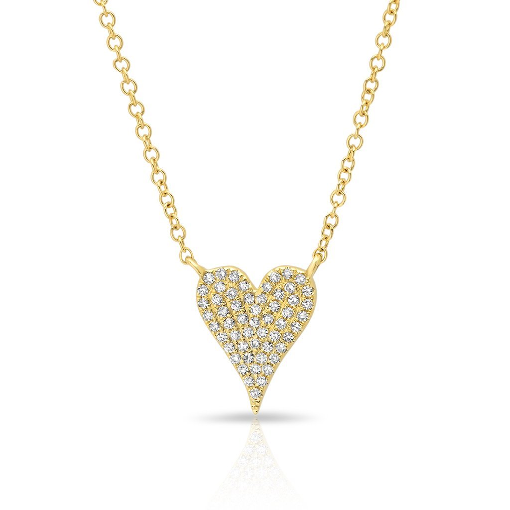 14KT Yellow Gold Diamond Small Modern Pave Heart Necklace