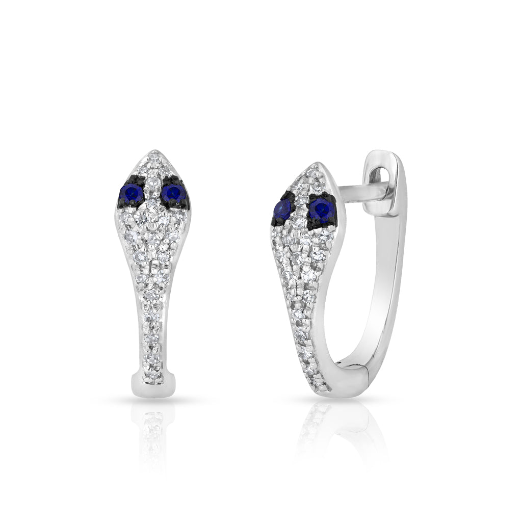 14KT White Gold Diamond Blue Sapphire Snake Huggie Earrings