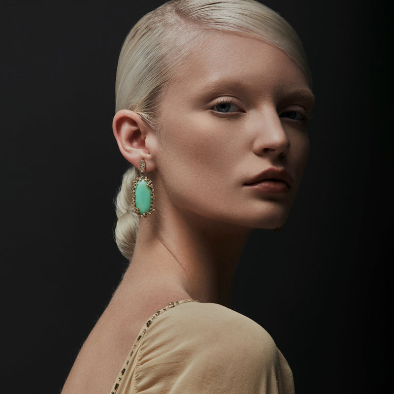 18KT Yellow Gold Chrysoprase Diamond Luxe Earrings-Anne Sisteron