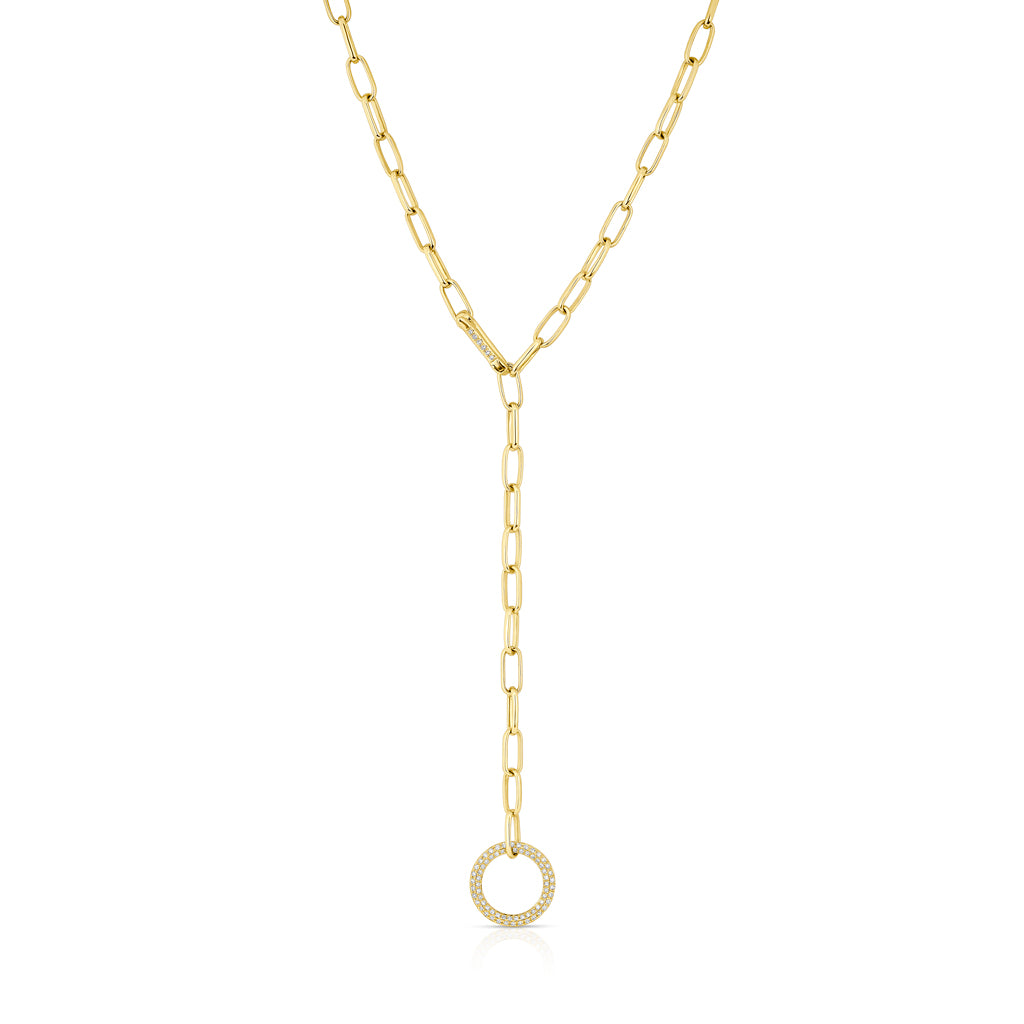 14KT Yellow Gold Diamond Open Circle Chain Link Lariat Necklace
