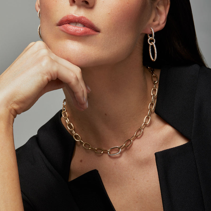14KT Yellow Gold Diamond Double Chain Link Earrings-Anne Sisteron