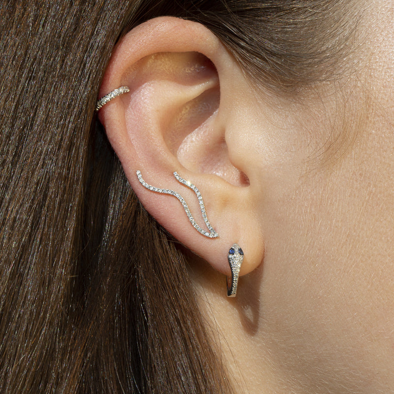 14KT White Gold Diamond Blue Sapphire Snake Huggie Earrings-Anne Sisteron
