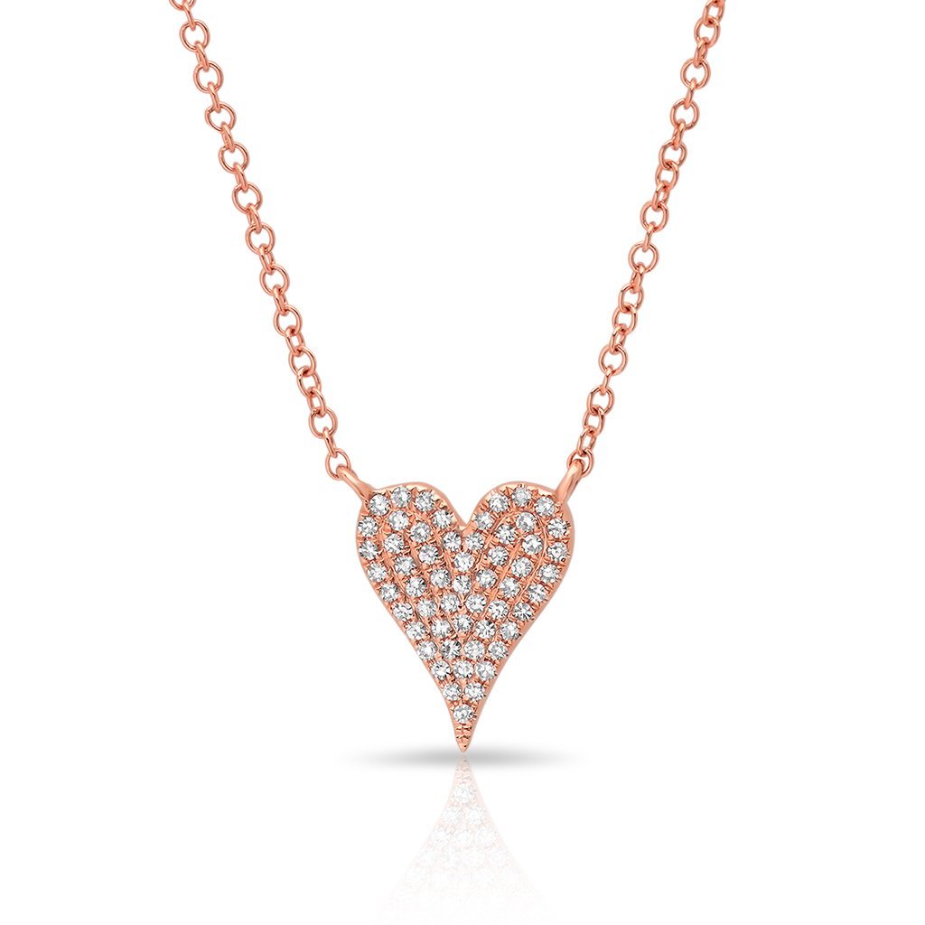 14KT Rose Gold Diamond Small Modern Pave Heart Necklace
