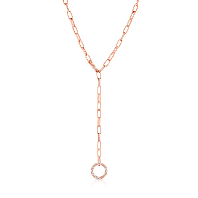 14KT Rose Gold Diamond Open Circle Chain Link Lariat Necklace