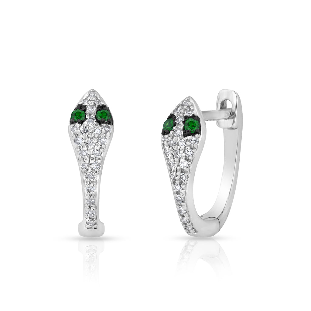 14KT White Gold Diamond Emerald Snake Huggie Earrings